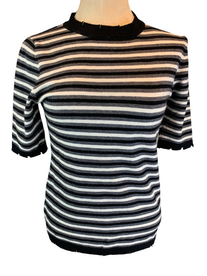 Medium POL Women's Short Sleeve Distressed Black Gray Stripe Sweater