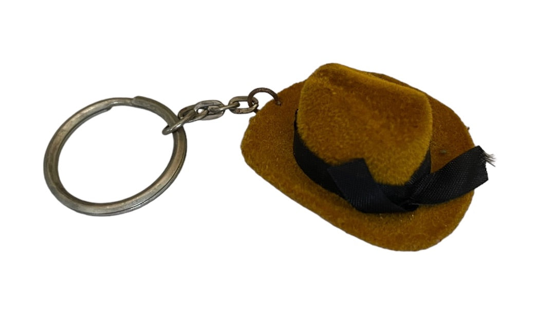 Vintage Flocked Brown Fedora Hat Keychain Key Ring Black Ribbon