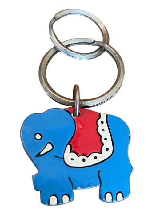 Vintage Blue Elephant Keychain Key Ring Wooden Painted 1.5"