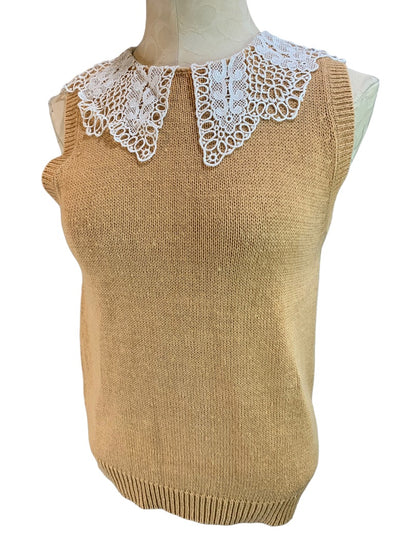 Large Soft Appeal Vintage Brown Crochet Collar Women's Sleeveless Tan Sweater