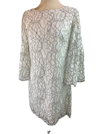 4 Eliza J White Lace Sheath Dress Bell Sleeve Black Contrast