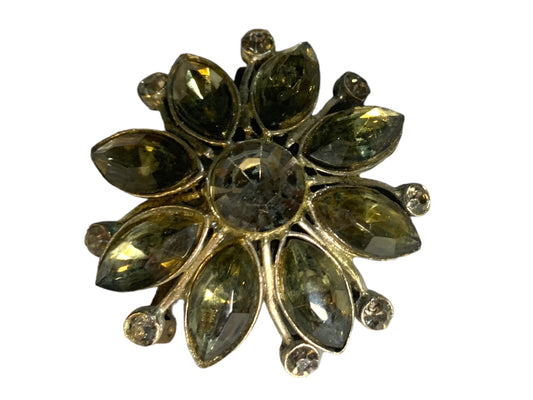 Vintage Gray Faceted Glass and Silvertone Floral Brooch 2" Diameter Pin