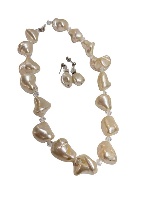 Jewelry Set Chunky Freshwater Pearl 17" Necklace and Pierced 1.5" Post Drop Earrings