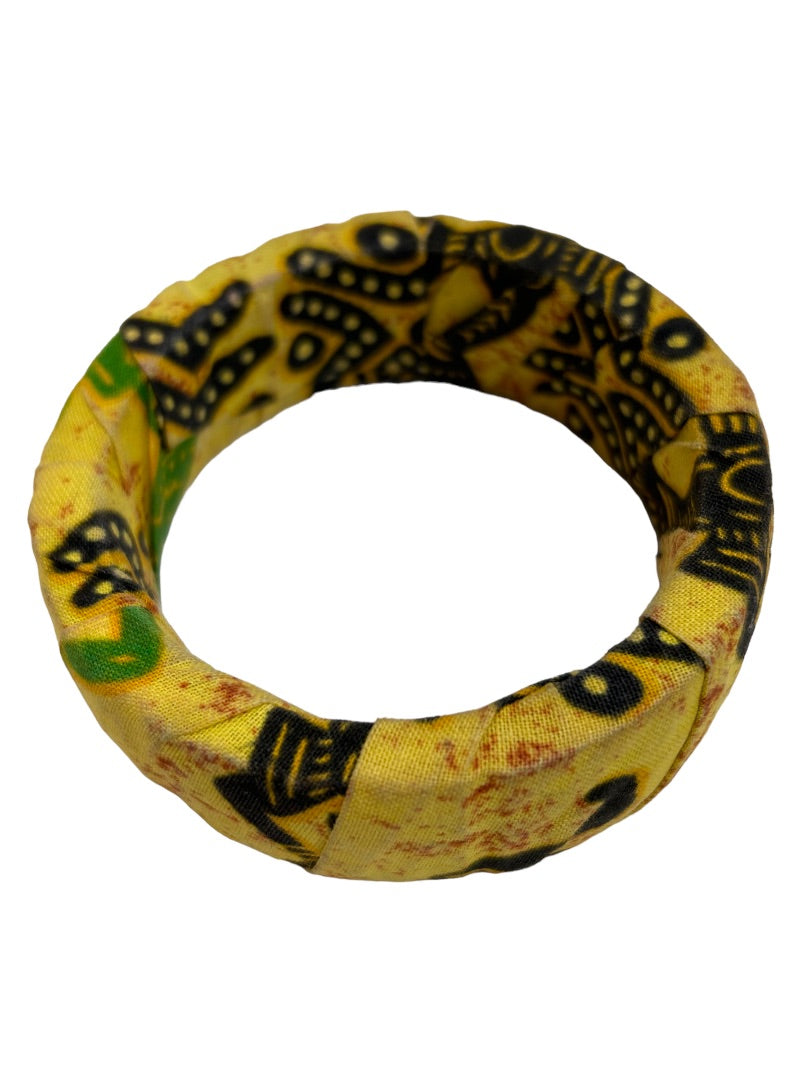 Fabric Wrapped African Print Bangle Bracelet Yellow Black Green 2.5" Diameter