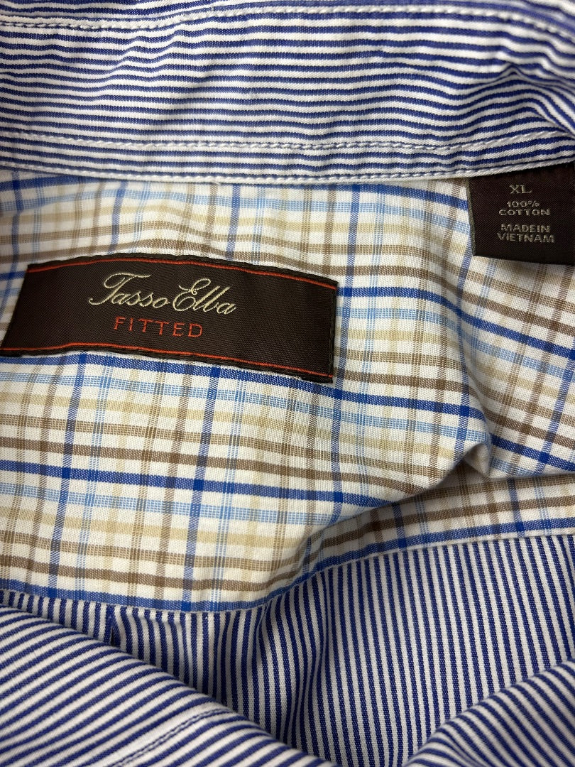 XL Tasso Elba Men's Casual Button Up Blue White Striped Contrast Cuff