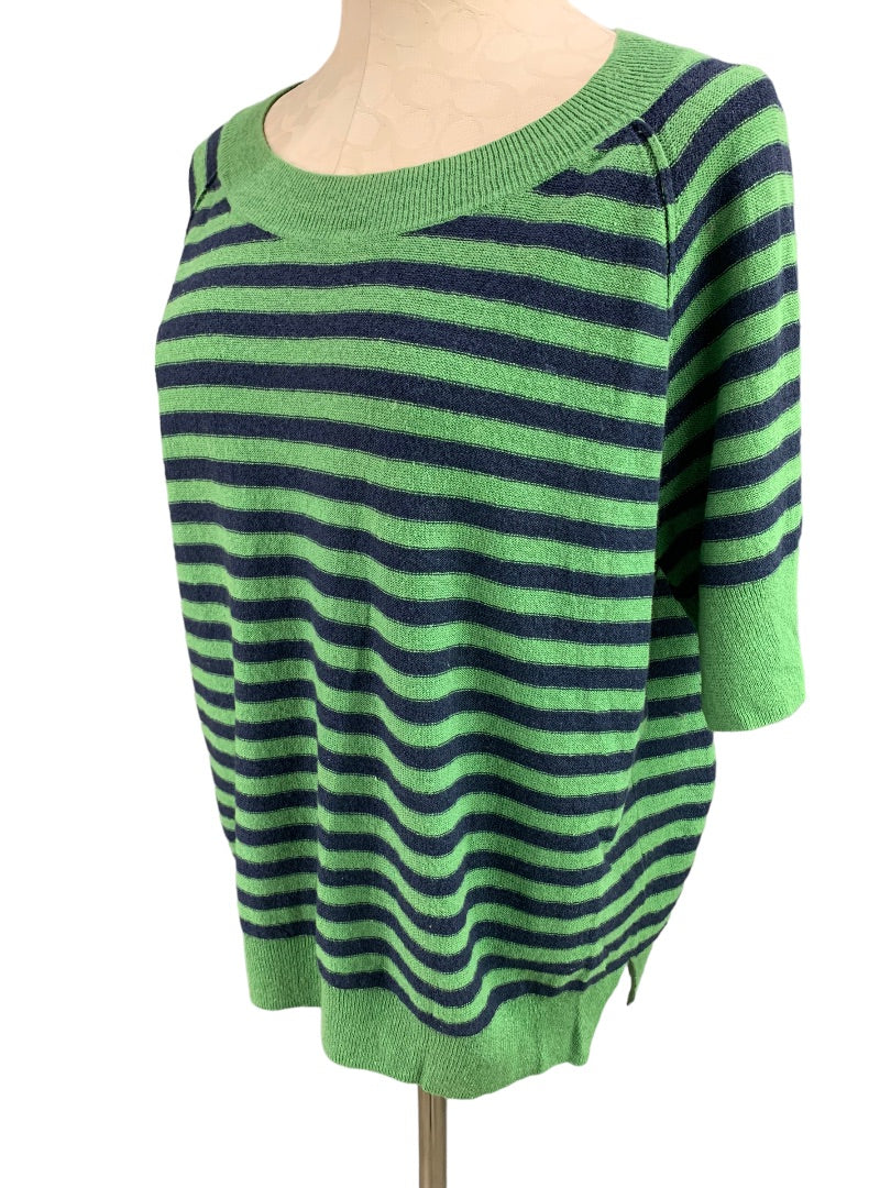 Medium Talbots Women's Green Blue Striped Short Sleeve Pullover Sweater Oversize Linen Blend