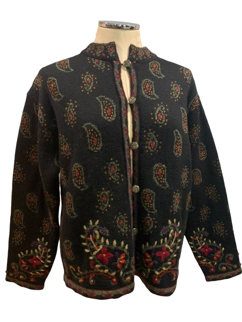 Large Nordic Design Women's Wool Cardigan Sweater Paisley Design Y2K Vintage