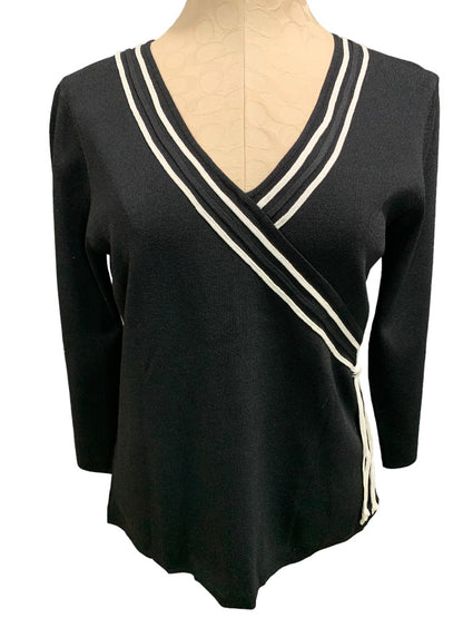 Large Cable & Gauge Women's New Black Faux Wrap Sweater White Piping