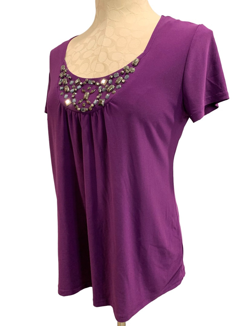 Small Notations Purple Short Sleeve Pullover Shirt Blouse Embellished Neckline