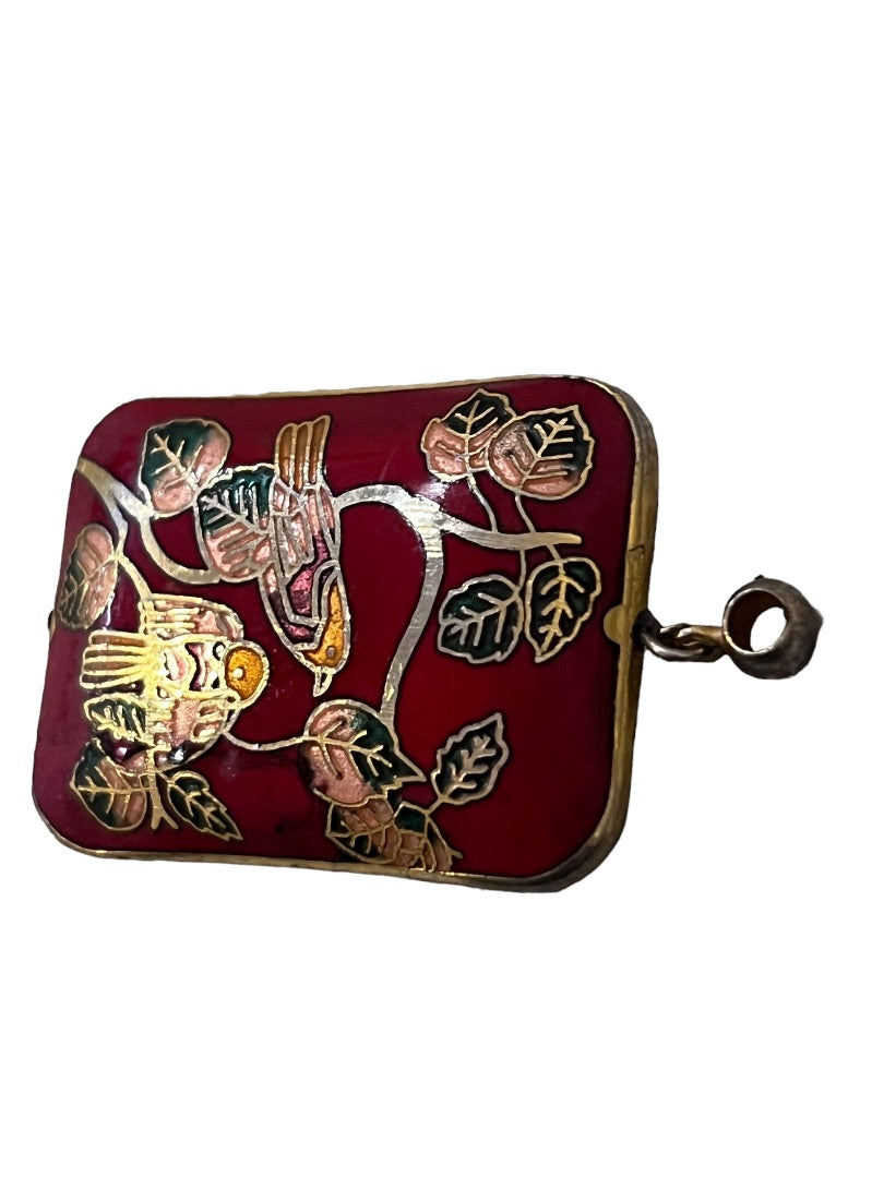Cloisonné Rectangle Pendant Charm Red Birds Floral 3D