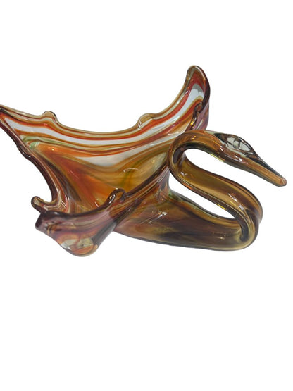 Vintage Hand Blown Glass Swan Planter Bowl Orange Brown Clear Swirl