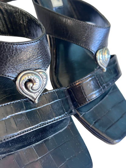 7 M Brighton Trista Shoes Slip-on Block Heels Sandals Black Leather Open Toe