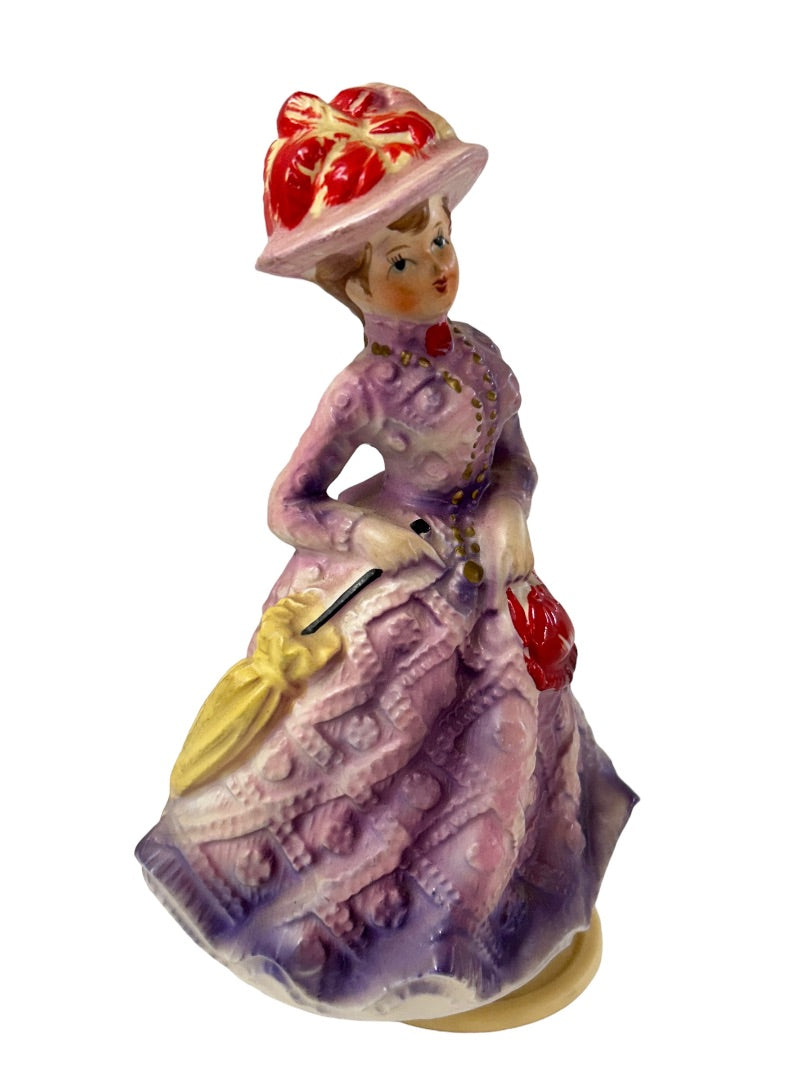 Ceramic Musical Rotating Figurine Victorian Style Purple Dress 1970s 7.5"h