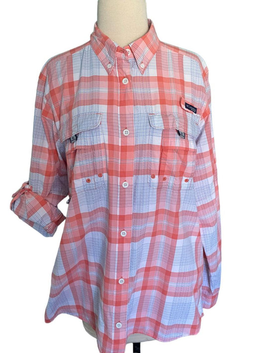 Large Columbia PFG "Super Bahama" Roll Tab Shirt Women's Coral Gray Fishing Beach Outdoors