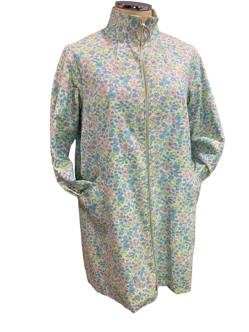 Medium Women's Reversible 1960s O-Ring Overcoat Pastel Flowers