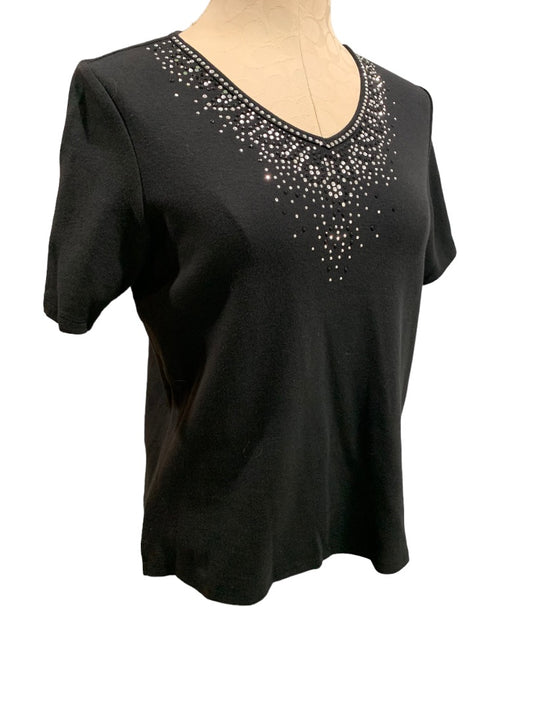 XS Quacker Factory Women's V-Neck Embellished Tshirt Short Sleeve Black