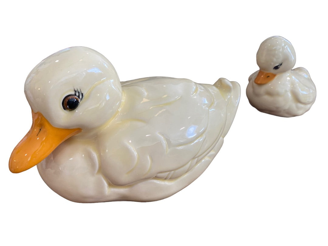 Vintage Handpainted Ceramic Ducks Mom Baby Set of Two