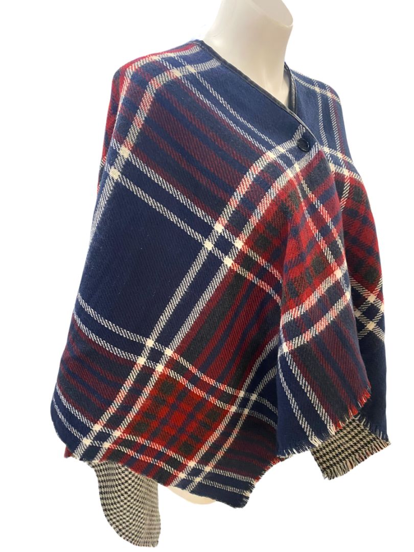 Reversible Shawl Herringbone One Side And Plaid On The Other Button Closure