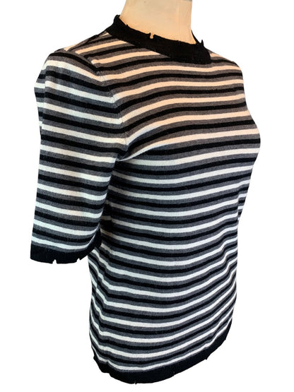 Medium POL Women's Short Sleeve Distressed Black Gray Stripe Sweater