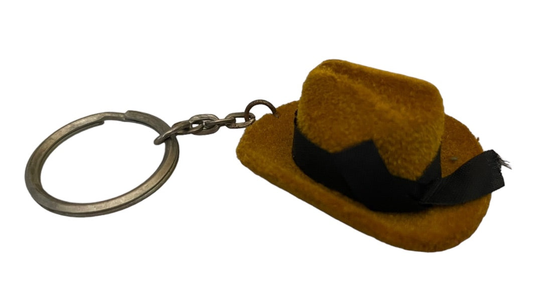 Vintage Flocked Brown Fedora Hat Keychain Key Ring Black Ribbon