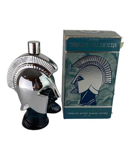 Vintage Avon Tribute Decanter Aftershave Lotion Blue Glass Silver Warrior New 6 oz