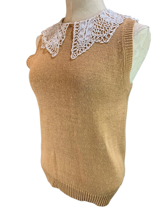 Large Soft Appeal Vintage Brown Crochet Collar Women's Sleeveless Tan Sweater