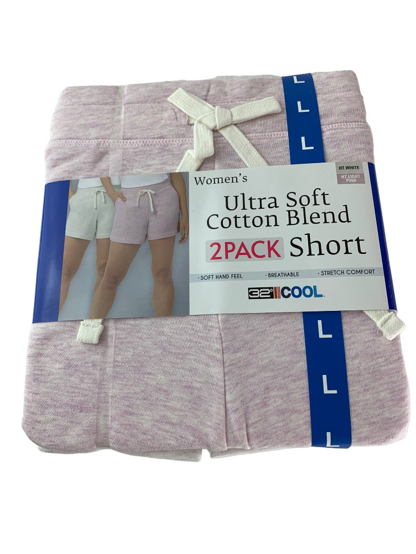 Large 32 Degrees Women's 2 Pack Ultra Soft Cotton Shorts Heather White Smokey Grape