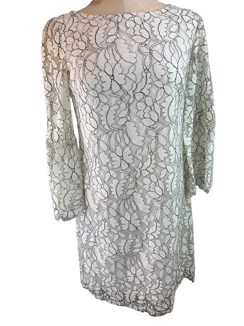 4 Eliza J White Lace Sheath Dress Bell Sleeve Black Contrast