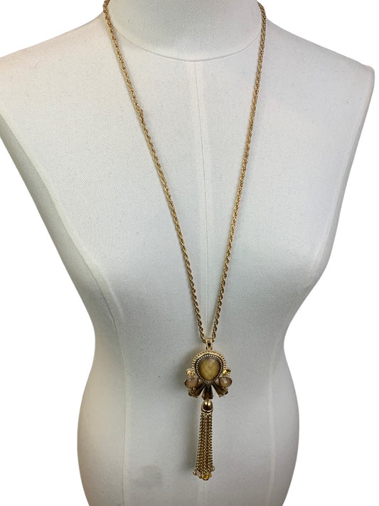 Goldtone Pendant 35" Necklace Amber Brown Tassel Pendant