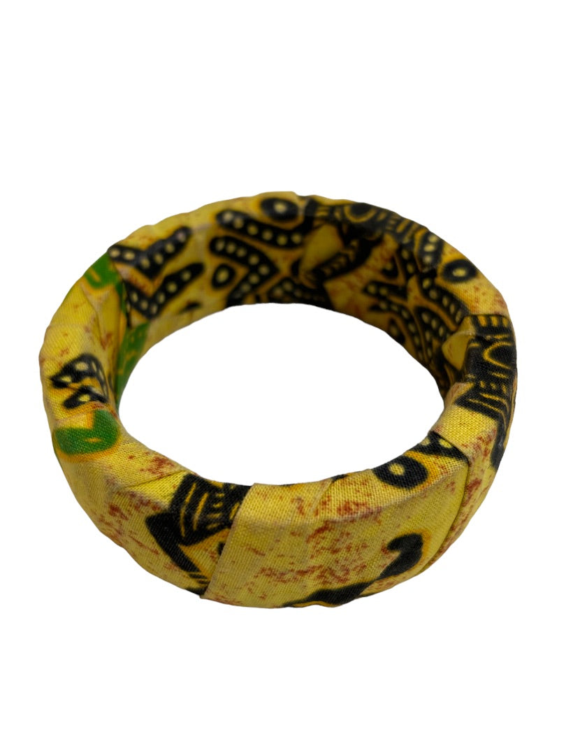 Fabric Wrapped African Print Bangle Bracelet Yellow Black Green 2.5" Diameter