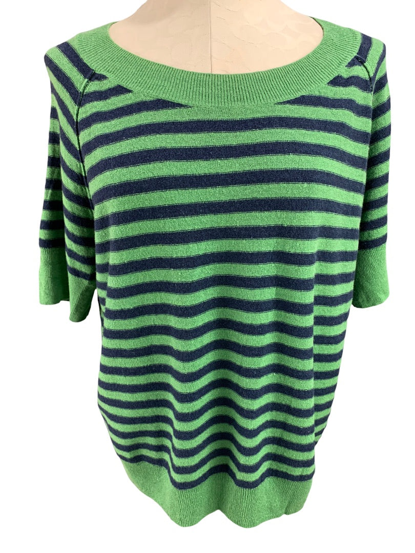 Medium Talbots Women's Green Blue Striped Short Sleeve Pullover Sweater Oversize Linen Blend