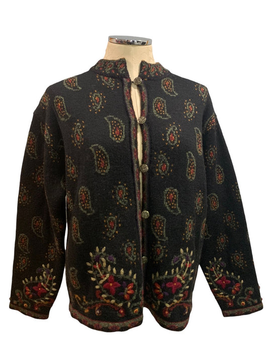 Large Nordic Design Women's Wool Cardigan Sweater Paisley Design Y2K Vintage