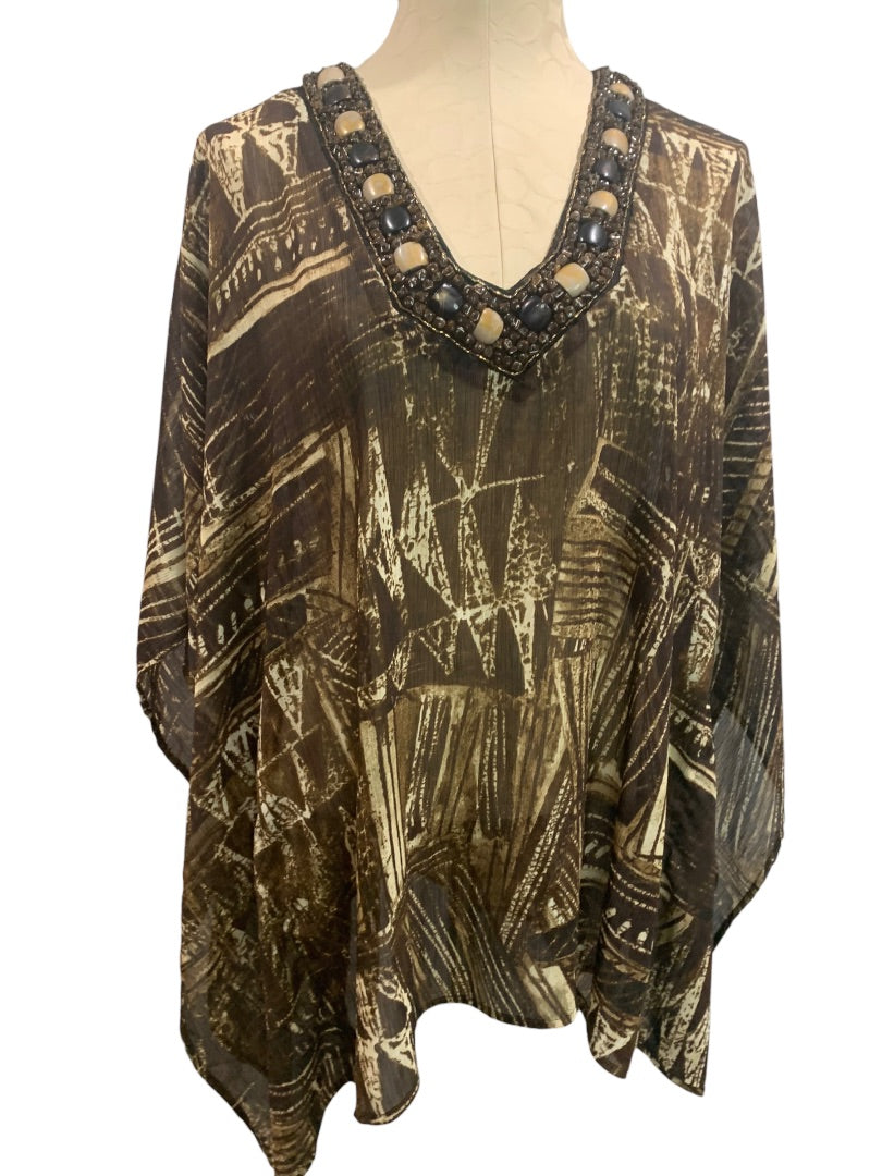 Small Medium (S/M) Chico's New Sheer Embellished Tribal Border Women's Poncho