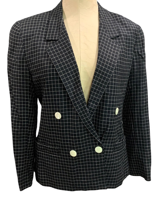 Size 10P Liz Claiborne Petites Black White Woven Check Blazer 1990s Vintage