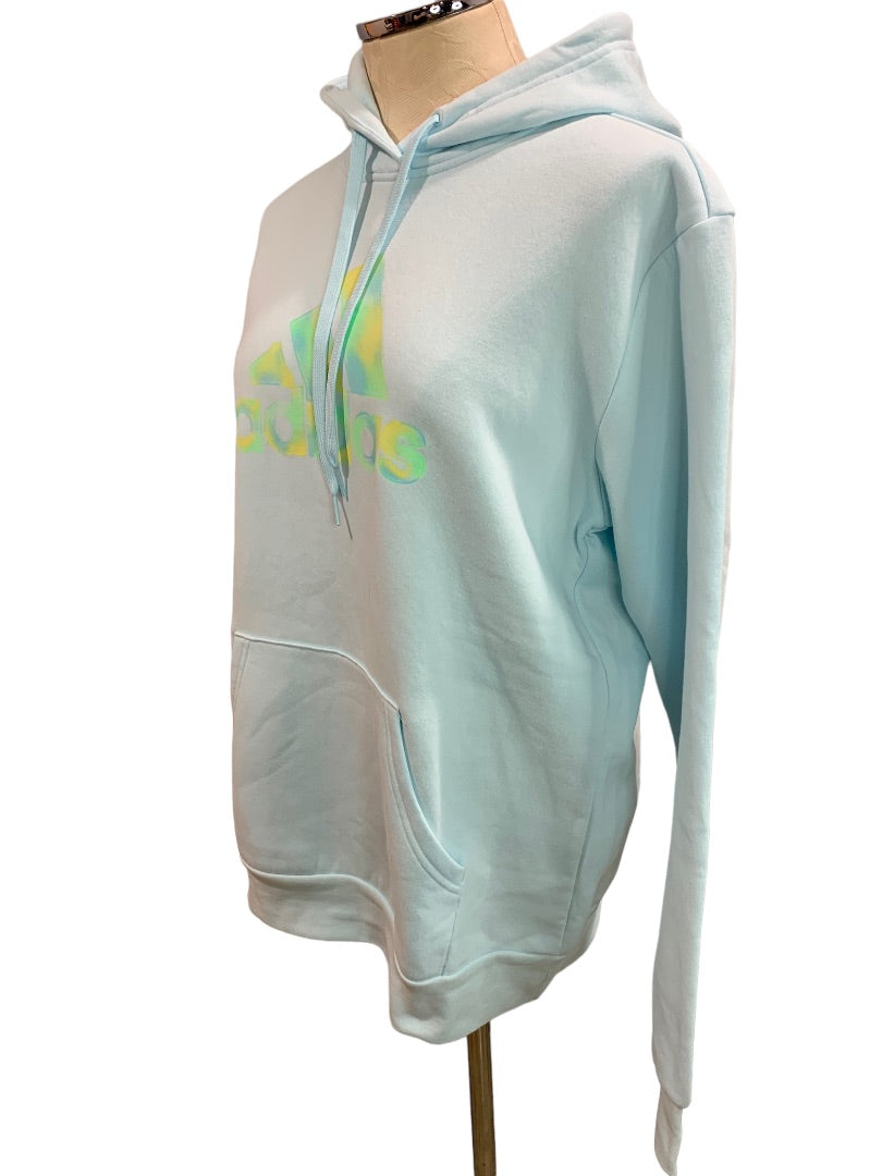 Large Adidas Women's New Pullover Hoodie Sweatshirt Light Blue Logo HJ9510