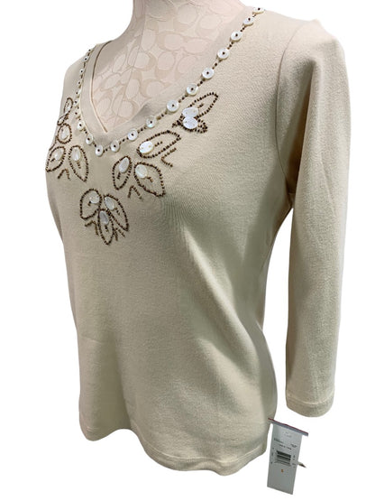 Small First Issue Liz Claiborne New Women's Tan Embellished V-Neck Top 3/4 Sleeve Pullover