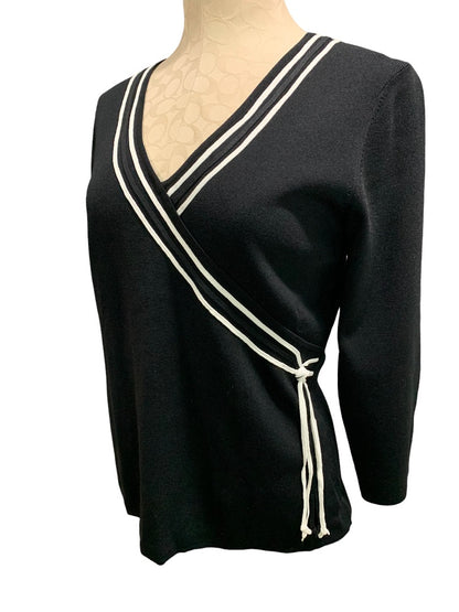 Large Cable & Gauge Women's New Black Faux Wrap Sweater White Piping