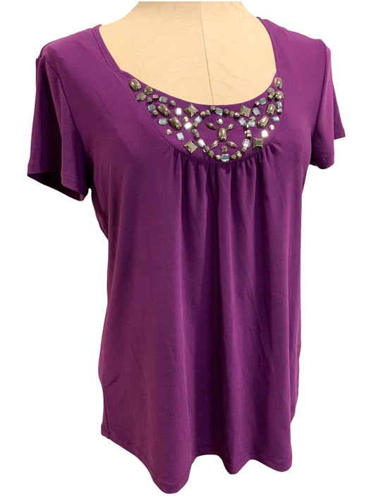 Small Notations Purple Short Sleeve Pullover Shirt Blouse Embellished Neckline