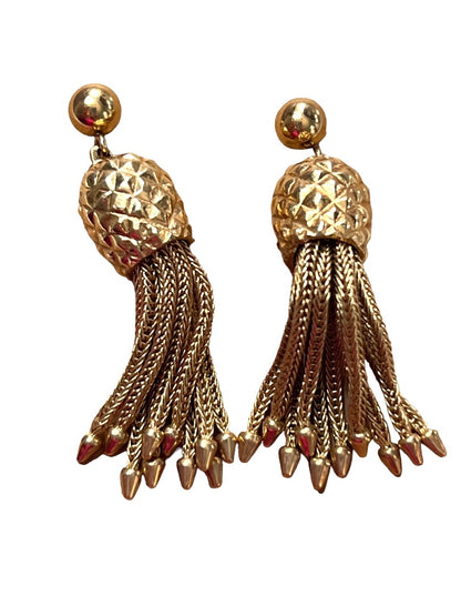 Vintage 14K Gold Tassel Dangle Earrings Pineapple Pattern 12 gram Weight