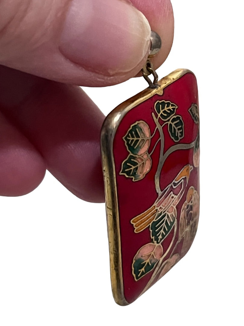 Cloisonné Rectangle Pendant Charm Red Birds Floral 3D