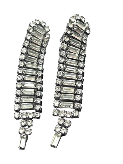 Weiss Crystal Rhinestone Clip Earrings Dangle Haute Couture Silver Clear Art Deco Signed