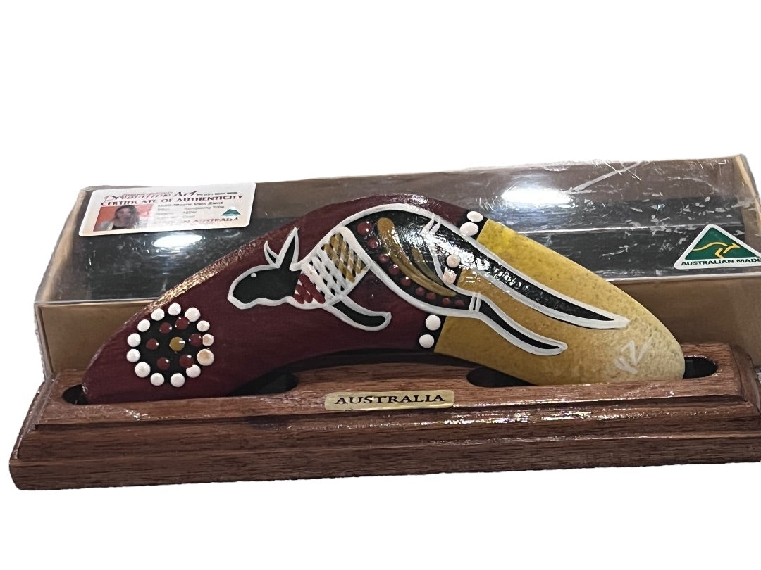 New Dreamtime Native Arts & Crafts Wood Boomerang Hand Painted Australia w Stand 7"