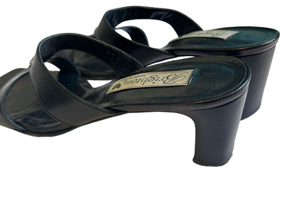 7 M Brighton Trista Shoes Slip-on Block Heels Sandals Black Leather Open Toe