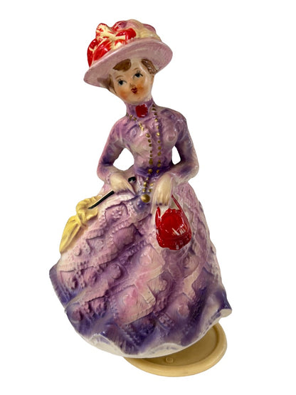 Ceramic Musical Rotating Figurine Victorian Style Purple Dress 1970s 7.5"h