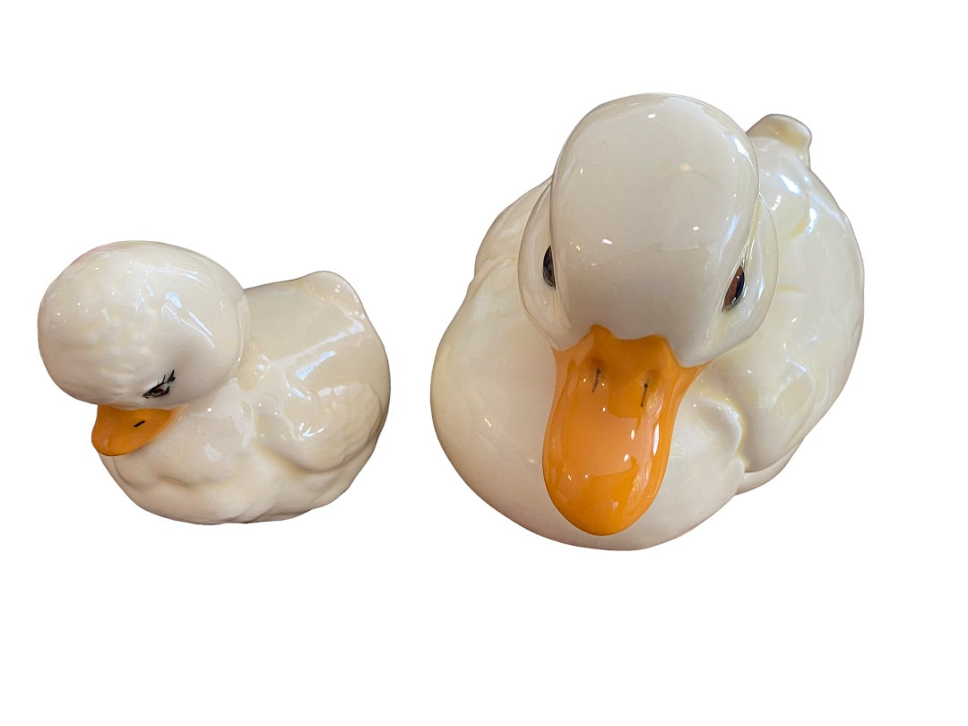 Vintage Handpainted Ceramic Ducks Mom Baby Set of Two