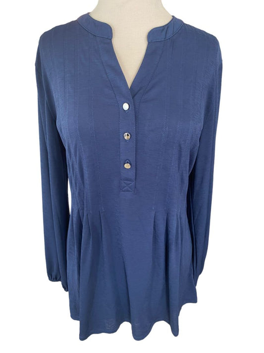 Small NWT Wonderly Blue Pleated Tunic Top Long Sleeve Henley