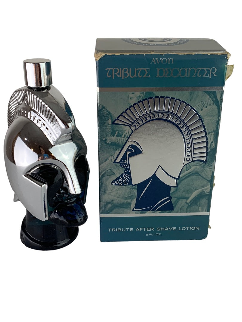 Vintage Avon Tribute Decanter Aftershave Lotion Blue Glass Silver Warrior New 6 oz