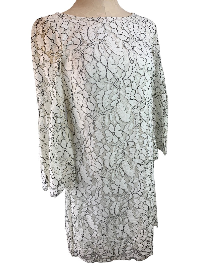 4 Eliza J White Lace Sheath Dress Bell Sleeve Black Contrast