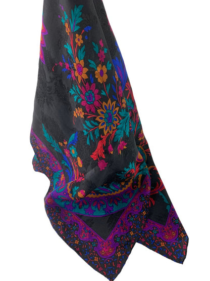 Jewel Tone  on Black Silky Scarf 30 Inches Square