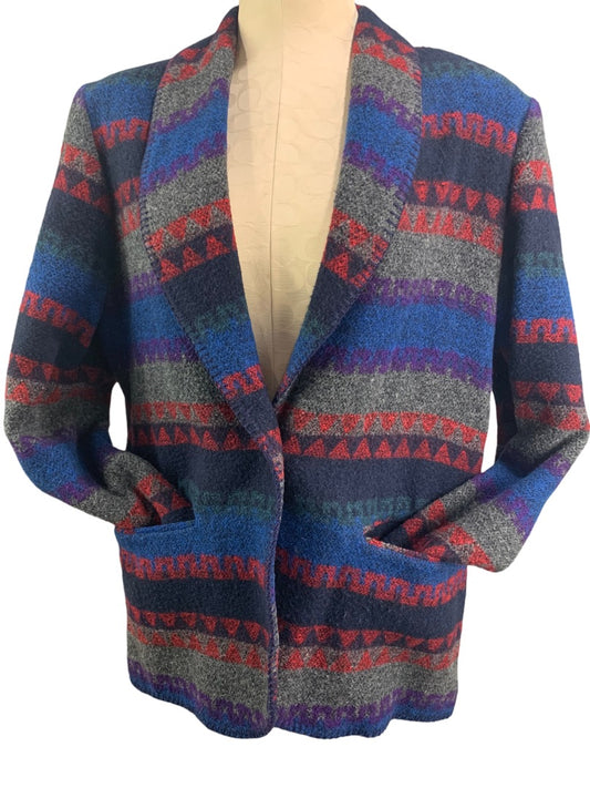 10P Petite Sophisticates Women's Wool Blend Vintage 1980s Lined Jacket Red Blue Print